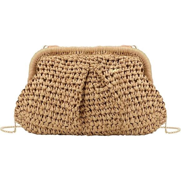 Goktow Handbags - New Goktow Womens Woven Straw Dumpling Clutch Bag Purse w Detachable Chain